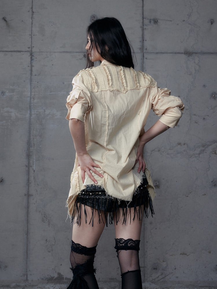 with Punk Distressed Light Blouse V-Neck Pintuck Pleats Khaki Wasteland Hem