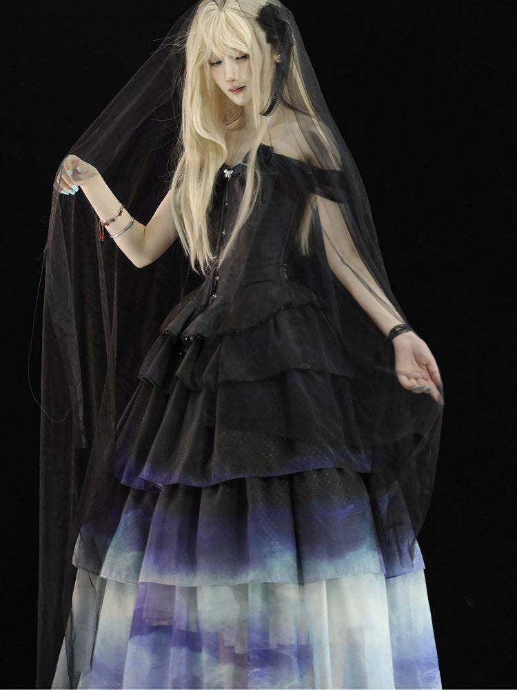 Black Top with Floral-Embellished Off-Shoulder Gradient Skirt Tiered Corset