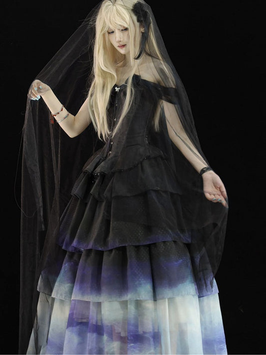 Black Top with Floral-Embellished Off-Shoulder Gradient Skirt Tiered Corset