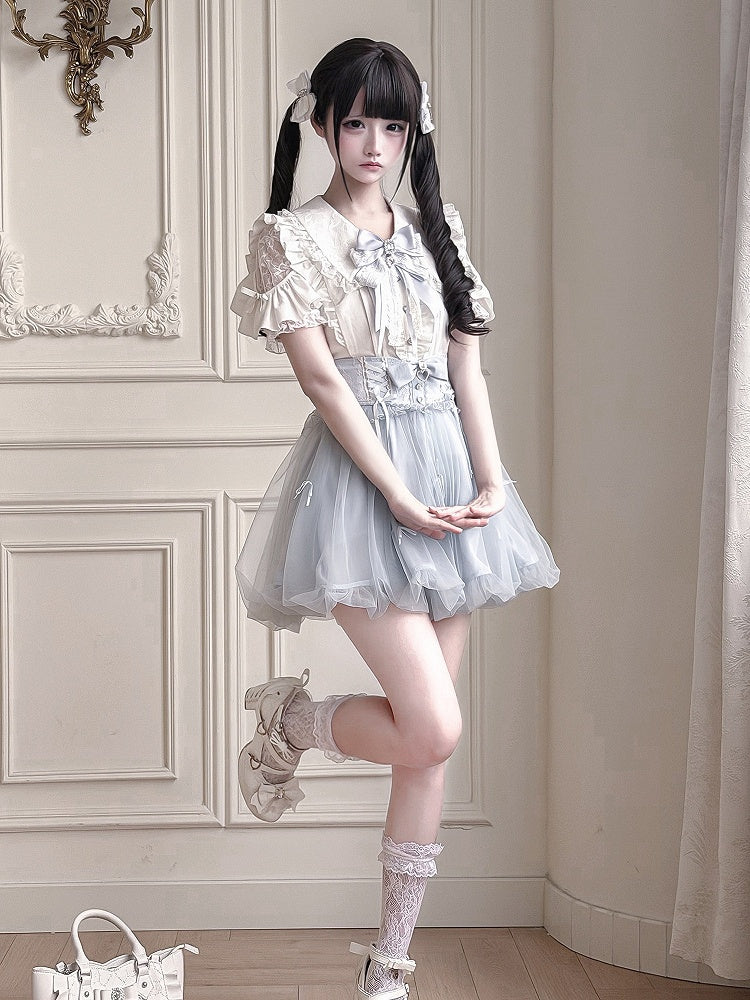 Pure White Lace Cutout Shoulder Short Sleeve Ruffle Blouse - Ekomi