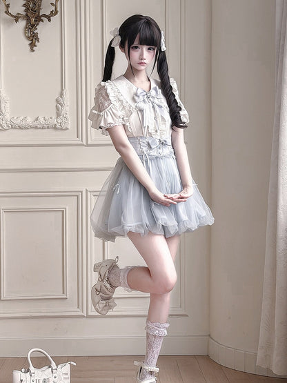 Pure White Lace Cutout Shoulder Short Sleeve Ruffle Blouse - Ekomi