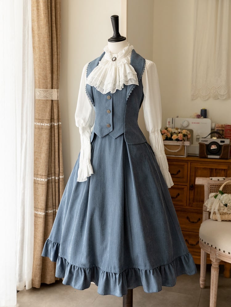 Elegant Dusty Blue Waistcoat and Boned High-Waisted Skirt Set