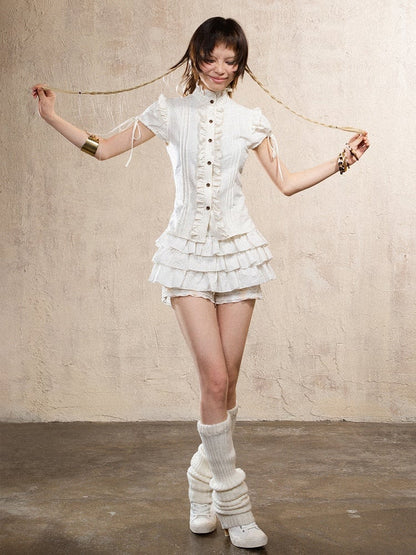 Print Crisscross Trim Short Punk Fashion White Top with Y2K Back Sleeve Puff Gyaru Leopard Ruffle Tie