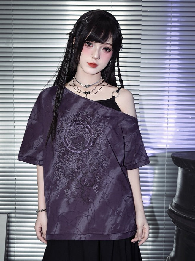 Gothic Purple Faux Two-Piece Off-Shoulder Tee with Sea Lily Print - Quirky Hut