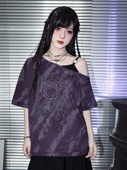 Gothic Purple Faux Two-Piece Off-Shoulder Tee with Sea Lily Print - Quirky Hut