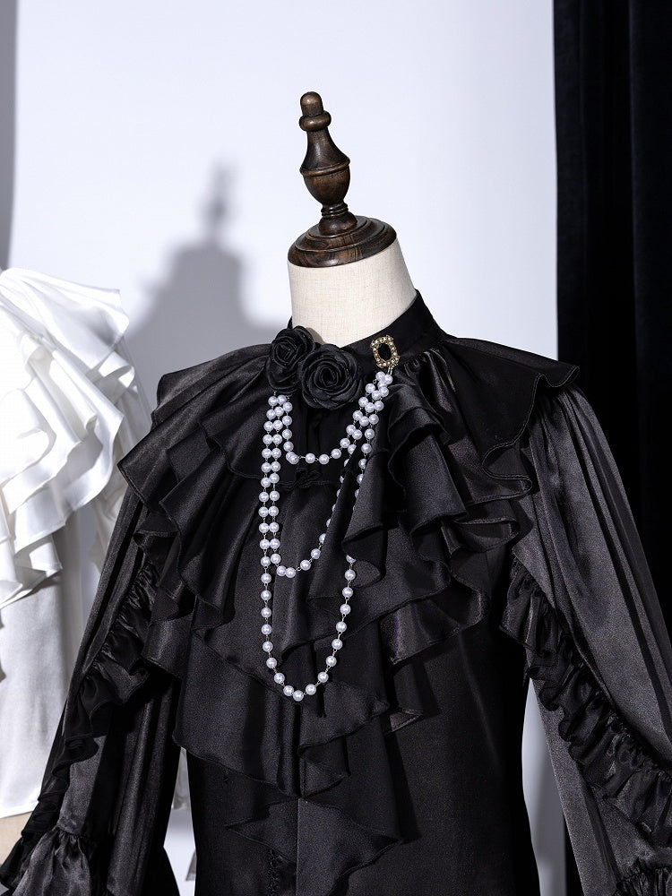 Black Layered Ruffled Jabot with Detachable Roses and Bead Chain - DevilInspired Exclusive Collection