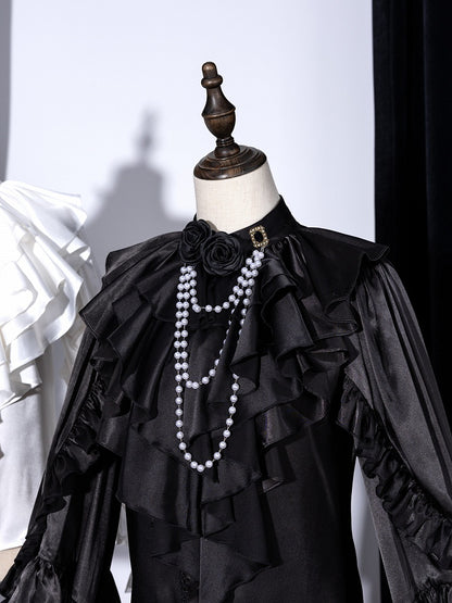 Black Layered Ruffled Jabot with Detachable Roses and Bead Chain - DevilInspired Exclusive Collection