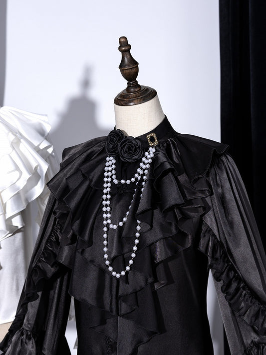 Black Layered Ruffled Jabot with Detachable Roses and Bead Chain - DevilInspired Exclusive Collection