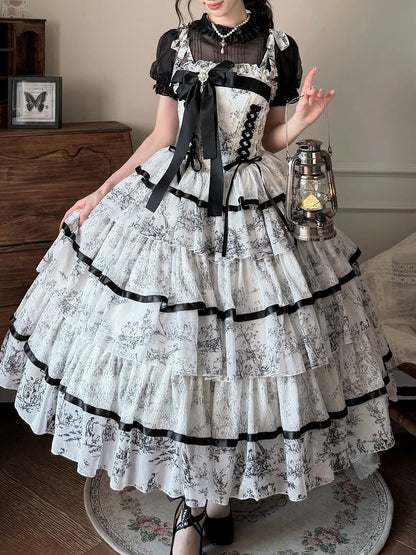 Elegant Hanayome-Style Black & White Porcelain-Inspired 120CM-Length Lolita Princess Dress - Sleepless Star