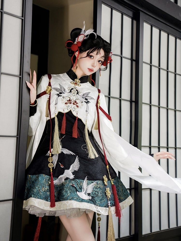 Green Chinoiserie + Balck White Cropped Crane Dress Lolita Tassel Top with Accents Embroidery