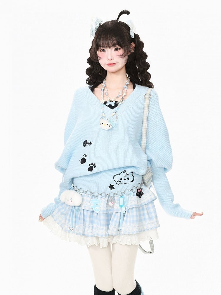 Faux Two Piece Blue Batwing Sleeve Kitten Embroidered Sweater - Languid Park