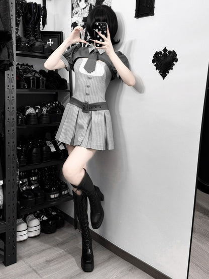 Gray Striped Jirai Kei Set: Cropped Top, Camisole Dress, Belt, Tie - Ekomi