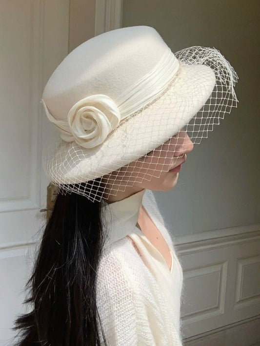 Vintage Wool Hat with Lace Flower Decor - Lalacita