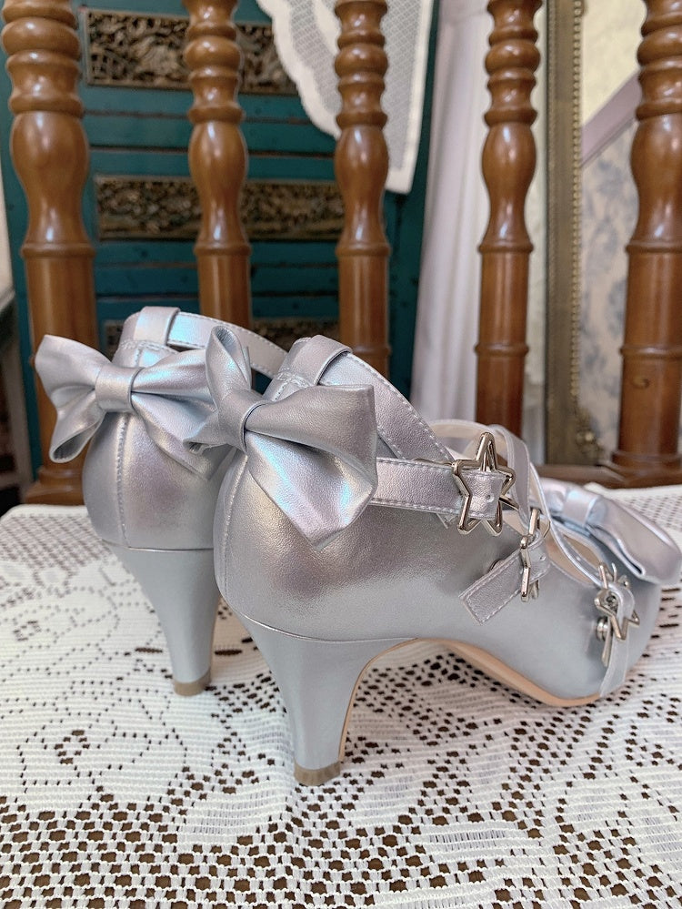 and Star with Bow Silver Buckles Shoes High-heel 6.5cm Details Sweet