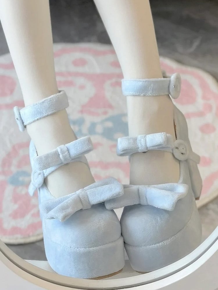 Janes Circle Platform Blue Mary Velvet Decor Bow High-heel Buckles