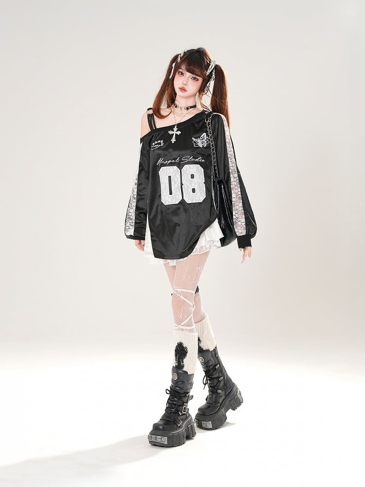 Embroidery Asymmetrical Neckline Butterfly