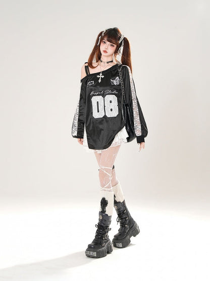 Embroidery Asymmetrical Neckline Butterfly