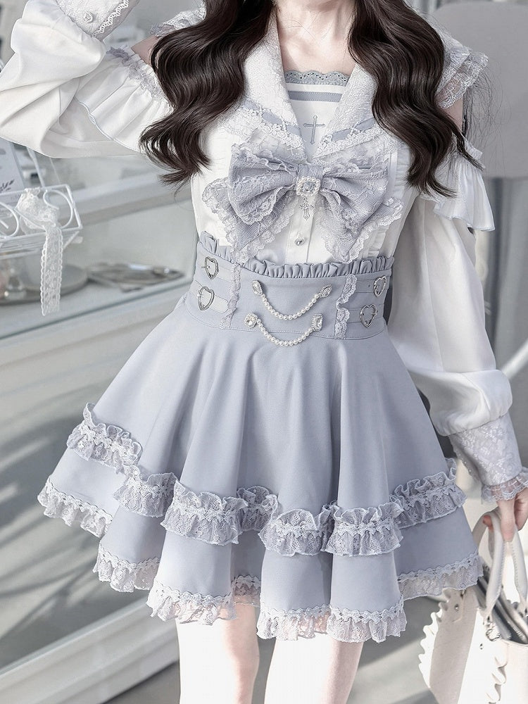 Sailor Collar Blouse with Bow Tie in Blue - Ekomi
