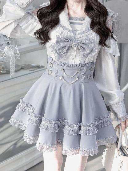 Sailor Collar Blouse with Bow Tie in Blue - Ekomi