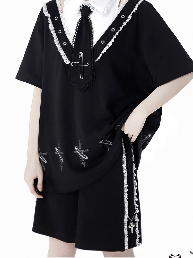 Lace Black Elastic Waist Contrast Shorts Trim Cross Charms