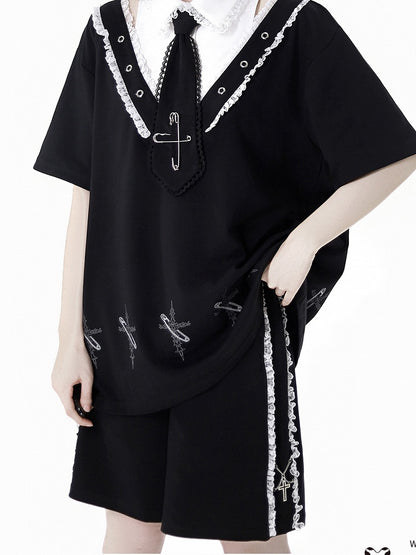 Lace Contrast Shorts Waist Trim Black Elastic Charms Cross