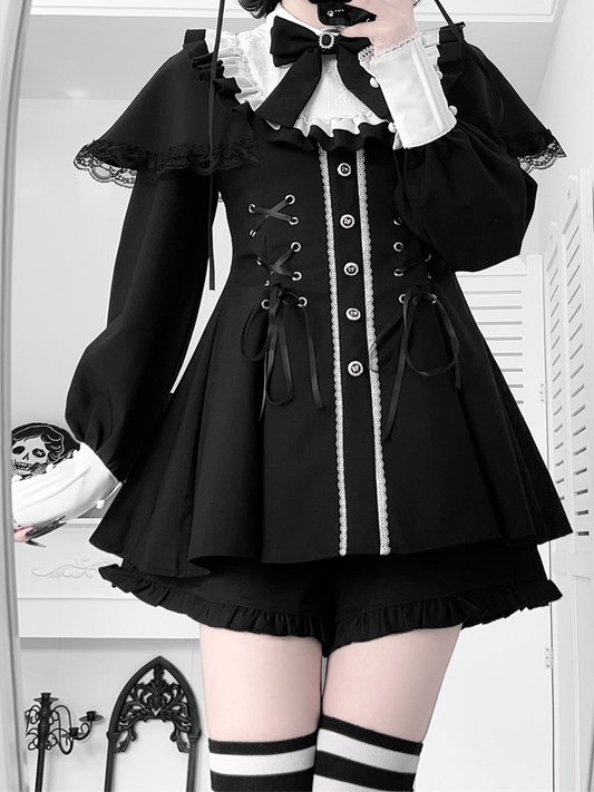 Black Dress Jirai Cape Tie Set Lace-Up Bow Matching + Design Long-Sleeve Shorts Kei
