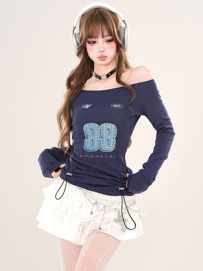 Königsblaues, schulterfreies Top mit Zahlendruck und verstellbarem Kordelzug in der Taille