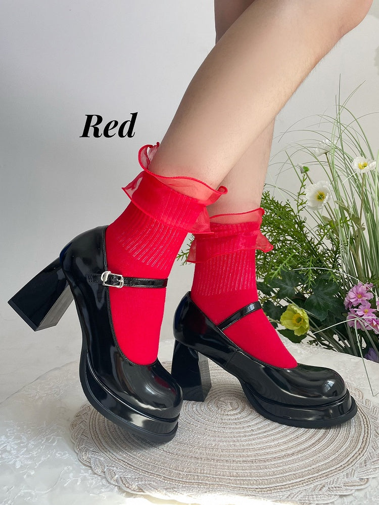 Sweet Lolita Pink Organza Trim Calf Socks