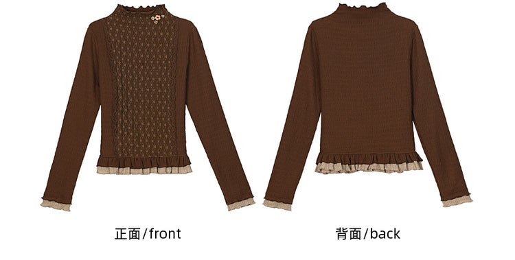 Braunes Oberteil mit Rüschenausschnitt und langen Ärmeln und Rüschensaum