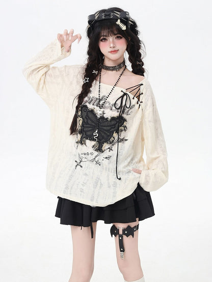 ホールトップ、ヴィンテージバタフライアップリケ、レースアップネックライン、アプリコット、ダメージ加工