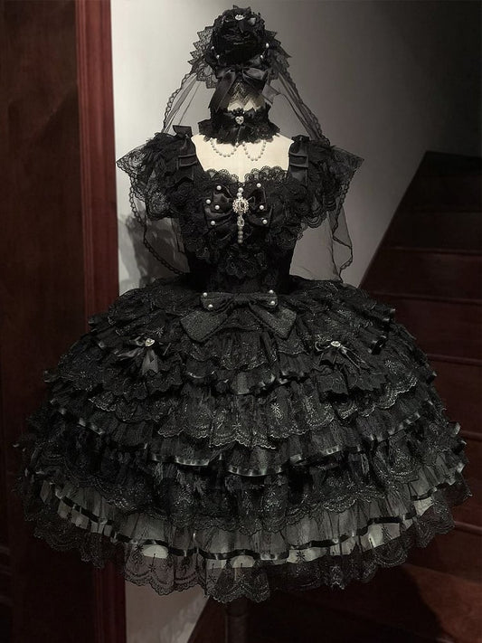 Schmetterling Hanayome Rock Stufenkleid Hime Mieder Lolita Stoff Ganz Schwarz