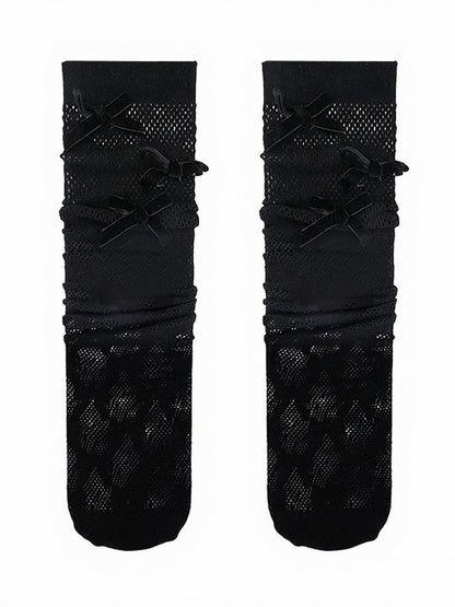 4-Color Ribbed Mesh Calf Socks with Bow Decoration - ModaSwings