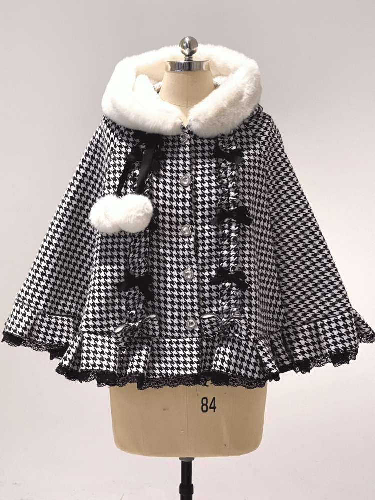 Hooded Fleece-Lined Kei Buttons Heart Cape Houndstooth Jirai with
