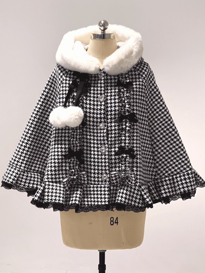 Hooded Fleece-Lined Kei Buttons Heart Cape Houndstooth Jirai with