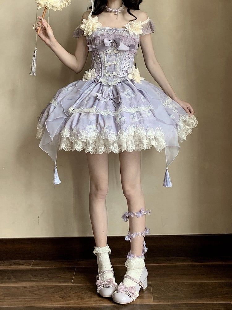 Version with Corset Purple Top Floral Frog Skirt Buttons Lolita Jasmine-Embellished Print Short +