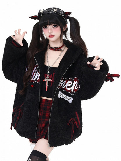 - Letter Jacket Black/ Gray Daily Hooded Kawaii Plush Pattern