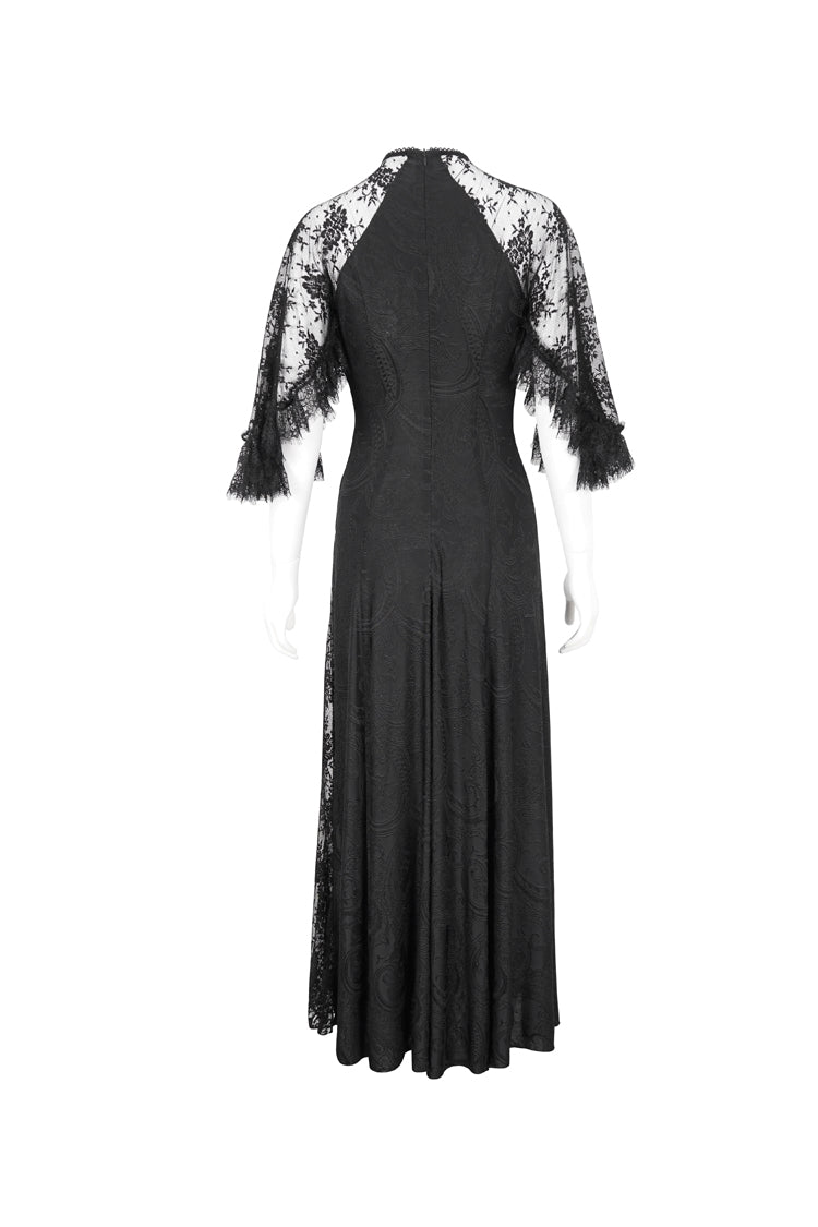 Black Stretch Printed Knit Panel Lace High Slit Asymmetric Gothic Dress