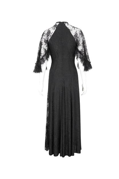 Black Stretch Printed Knit Panel Lace High Slit Asymmetric Gothic Dress