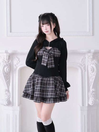 Black Dress Sleeve With Kei Design Plaid Long Jirai Hooded
