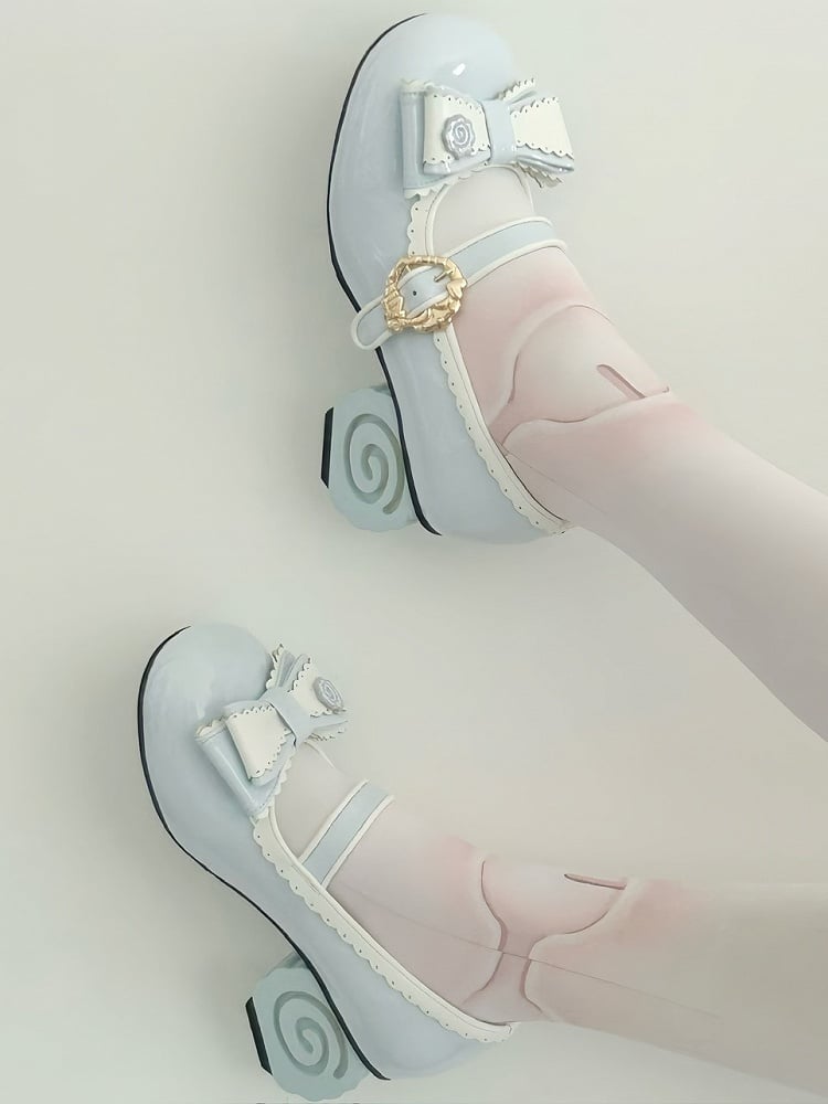 Hem Sweet with Scalloped Bow Blue Mid-heel Accents Mary Lolita Janes
