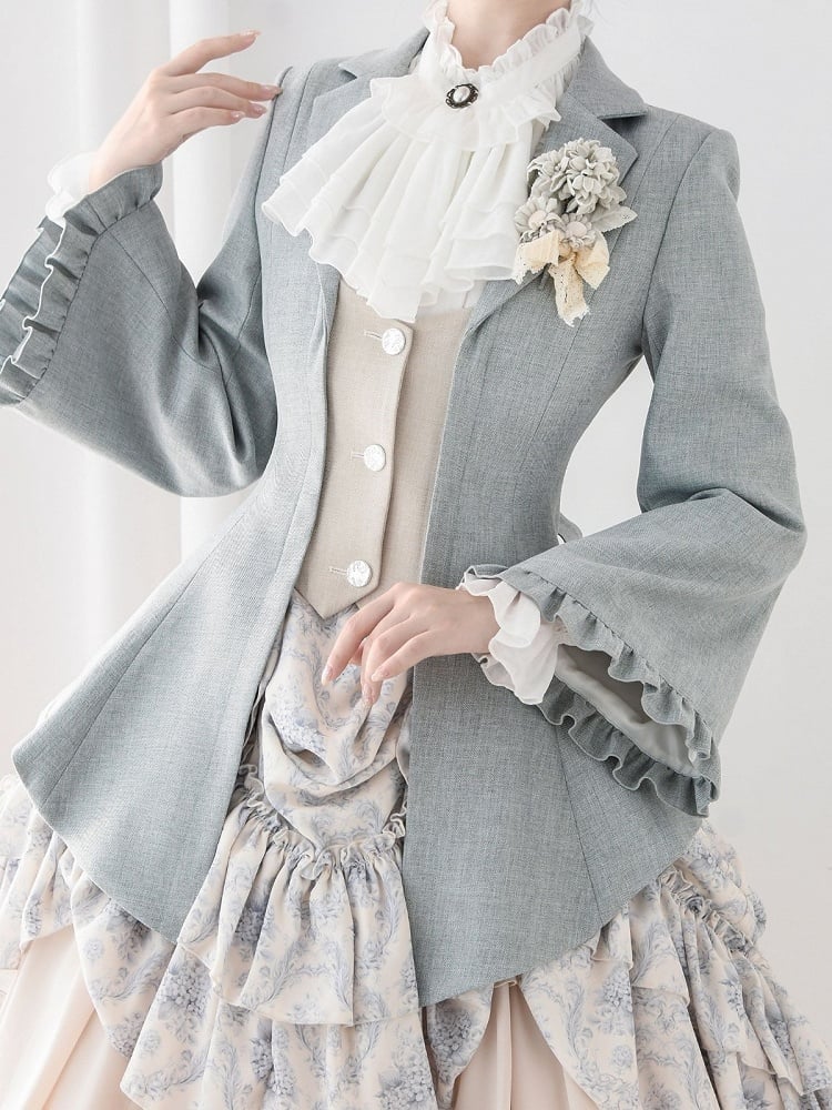 Elegant Blue and Beige Single-Breasted Jacket with Lacing Detail