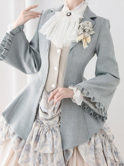 Elegant Blue and Beige Single-Breasted Jacket with Lacing Detail