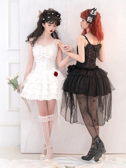 Black Sweetheart Neckline Corset Waist Jacquard Kuro Lolita Jumper Skirt with Rosette Accent - Unknown Star