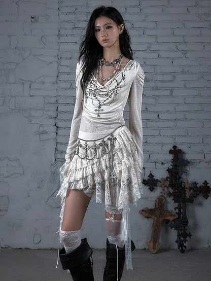 Chain Dress Cross Punk Black/Beige Beaded Wasteland Trim Print Lace