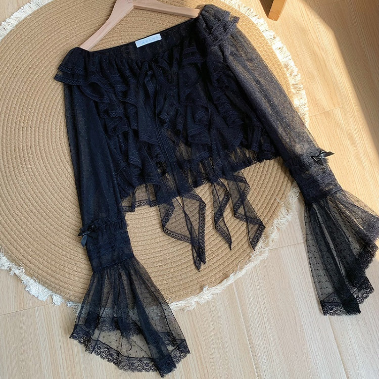 Cascading Top Trim Dotted Black Ruffle Sheer Long Tulle Sleeves