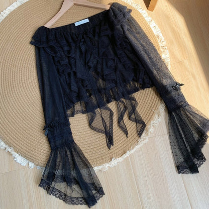 Cascading Top Trim Dotted Black Ruffle Sheer Long Tulle Sleeves