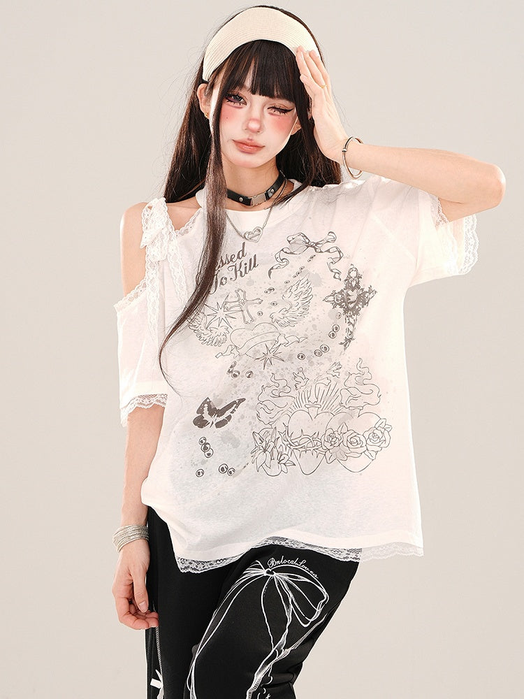 White Cutout Shoulder Lace Trim Loose Graphic T-shirt
