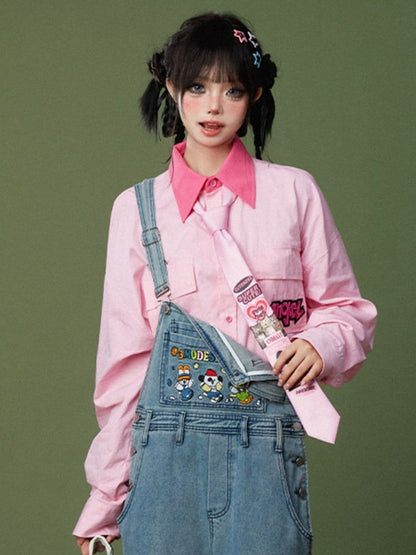 Collar Patches Pink Contrast Letter Embroidered with Shirt