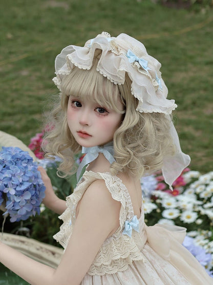 Ruffled Accents with Lolita Bow Apricot Hat Sweet Blue