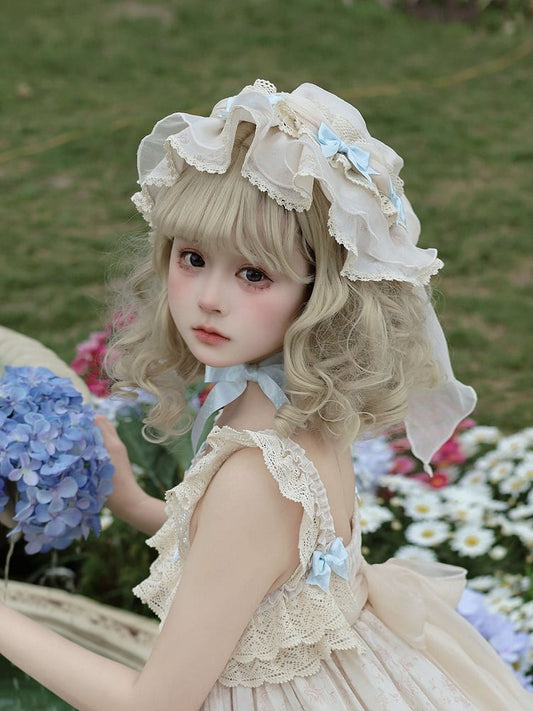 Ruffled Accents with Lolita Bow Apricot Hat Sweet Blue